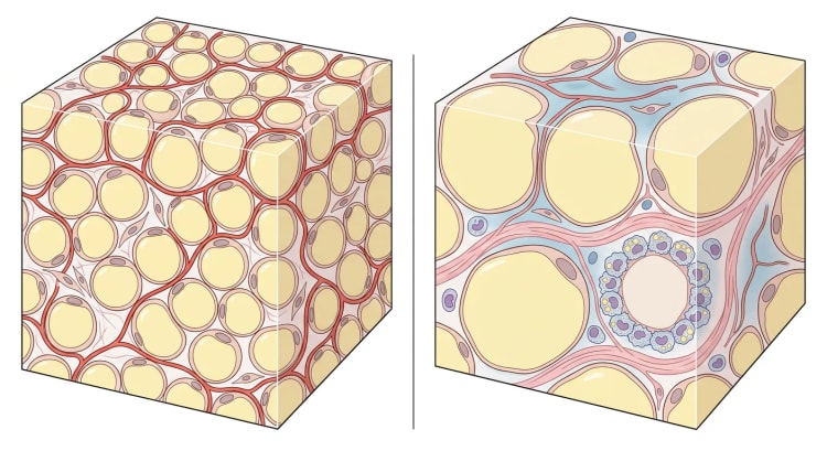 Deux blocs de tissu adipeux blanc côte à côte. À gauche, de nombreux petits adipocytes avec un réseau capillaire dense. À droite, peu d'adipocytes très volumineux avec des capillaires clairsemés, des zones hypoxiques, des fibres de collagène et des macrophages disposés en anneau autour d'un adipocyte mort.
