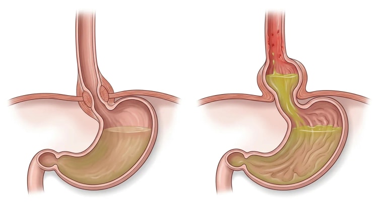 Deux vues en coupe de la jonction œsogastrique : à gauche, l'anatomie normale avec le sphincter inférieur de l'œsophage au niveau du diaphragme ; à droite, une hernie hiatale par glissement avec un reflux acide remontant dans un œsophage distal inflammatoire.