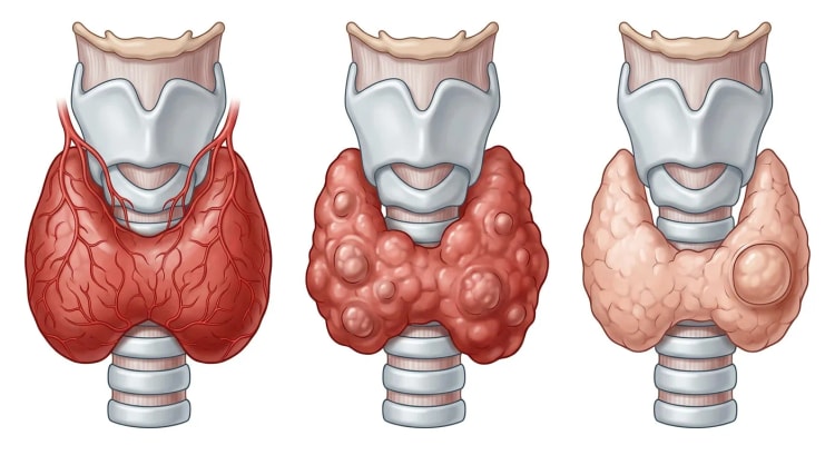 Trois vues de face de la thyroïde sur la trachée sous le larynx : une glande augmentée de volume de façon diffuse et fortement vascularisée, une glande hypertrophiée et bosselée avec plusieurs nodules et une glande présentant un nodule solitaire encapsulé.