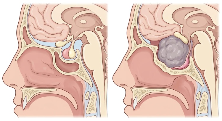 Deux coupes sagittales passant par la selle turcique : à gauche une hypophyse normale avec ses lobes antérieur et postérieur, la tige et le chiasma au-dessus, à droite un volumineux adénome hypophysaire qui élargit la selle et refoule le chiasma vers le haut.