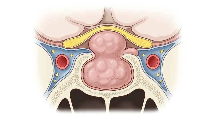 Coupe coronale passant par la selle turcique avec un macroadénome à extension suprasellaire qui refoule vers le haut le chiasma optique, avec le sinus caverneux et l'artère carotide interne de chaque côté et le sinus sphénoïdal en dessous.