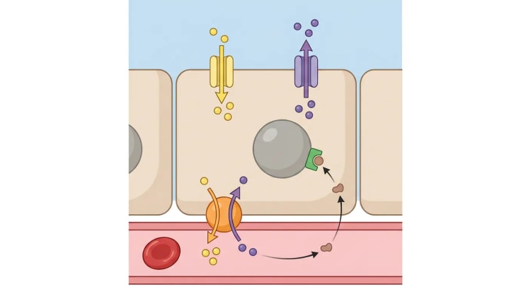 Représentation schématique d'une cellule principale du tube collecteur entre la lumière tubulaire et le capillaire péritubulaire, avec des canaux sodiques et potassiques dans la membrane apicale, la Na-K-ATPase au pôle basolatéral et l'aldostérone se liant à un récepteur dans la cellule.