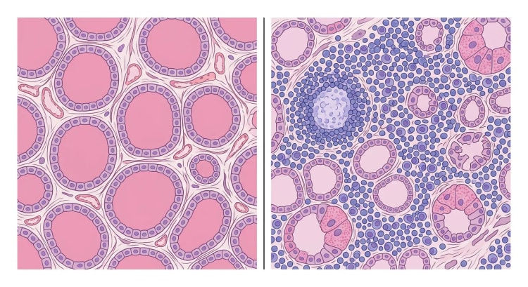 Illustration de tissu thyroïdien normal à côté de tissu de thyroïdite de Hashimoto avec une infiltration lymphocytaire dense et des follicules peu nombreux et petits.