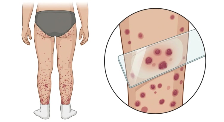 Enfant vu de dos avec un purpura palpable symétrique sur les jambes et les fesses, et un encart agrandi où un test de vitropression montre que les lésions ne s'effacent pas.
