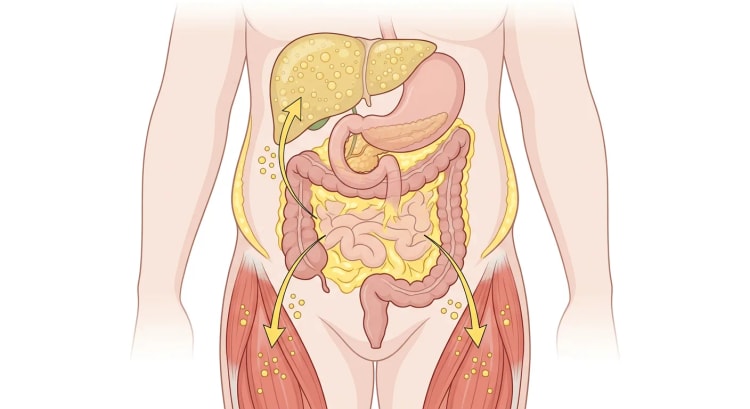 Tronc transparent vu de face avec un foie infiltré de graisse, une abondante graisse viscérale autour des intestins et des gouttelettes lipidiques dans la musculature de la cuisse, avec des flèches allant de la graisse abdominale vers le foie et les muscles.