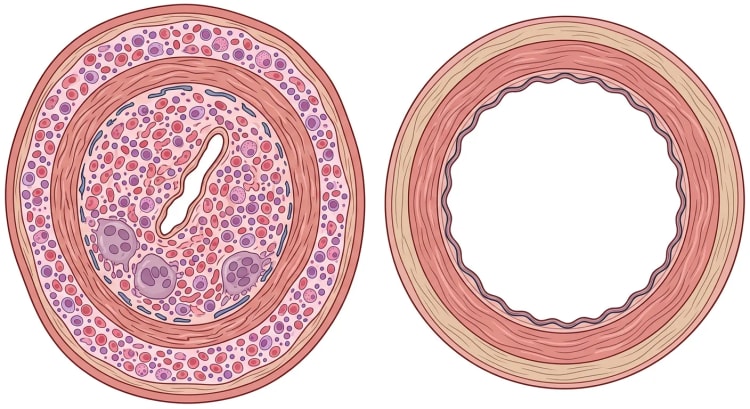 Coupe transversale d'une artère temporale enflammée à paroi fortement épaissie, avec cellules inflammatoires, cellules géantes et lumière très rétrécie, à côté d'une artère normale à paroi fine et à lumière largement ouverte.