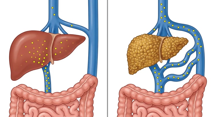 Deux panneaux. À gauche, un foie sain où les molécules médicamenteuses du sang porte sont captées par le foie. À droite, un foie cirrhotique rétracté et nodulaire où des collatérales dérivent les molécules en contournant le foie vers la veine cave inférieure.