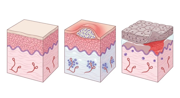 Trois blocs cutanés en coupe : peau normale, pustule sous-cornée avec des polynucléaires neutrophiles et derme œdémateux, et épiderme nécrotique décollé du derme.