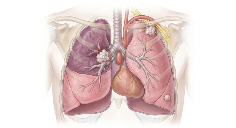 Poumons vus de face avec une tumeur centrale au hile droit, un lobe supérieur droit sombre et non aéré, des adénopathies hilaires et carinaires, un petit nodule périphérique spiculé dans le lobe inférieur gauche et une tumeur apicale au sommet du poumon gauche, à proximité du plexus brachial.