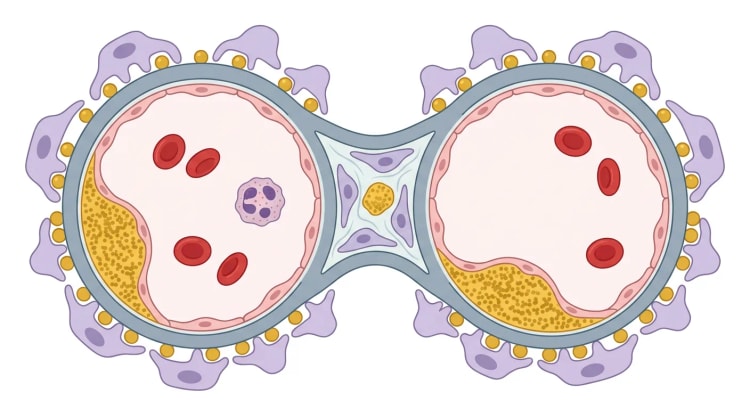 Coupe transversale schématique de deux capillaires glomérulaires et du mésangium avec des dépôts jaunes de complexes immuns dans le mésangium, entre l'endothélium et la membrane basale ainsi que sur la face externe de la membrane basale.