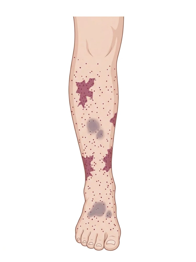 Une jambe et un pied vus de face, avec de nombreuses petites pétéchies rouge foncé disséminées sur toute la surface cutanée, plusieurs taches purpuriques confluentes à contours anguleux sur la face antérieure de la jambe et quelques lésions plus grandes gris violacé sur le mollet et le dos du pied. La peau est par ailleurs intacte.