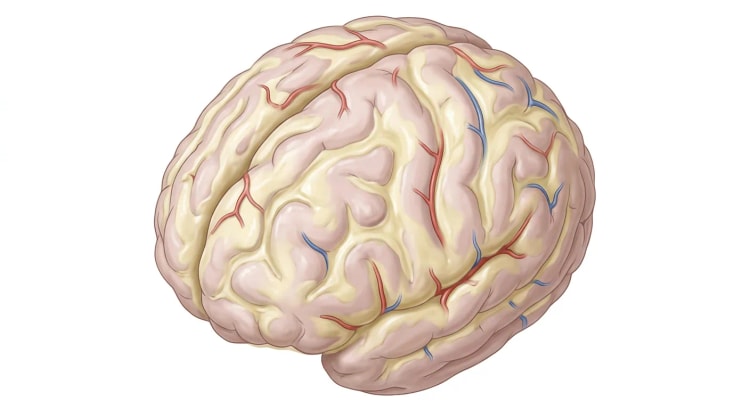 Cerveau vu obliquement par le haut et par le côté gauche. Un exsudat épais blanc jaunâtre comble les sillons et s'étale en nappes confluentes à la surface du cortex, de sorte que les vaisseaux superficiels ne sont visibles que sur de courts segments. Quelques circonvolutions laissent encore voir un cortex gris rosé pâle.