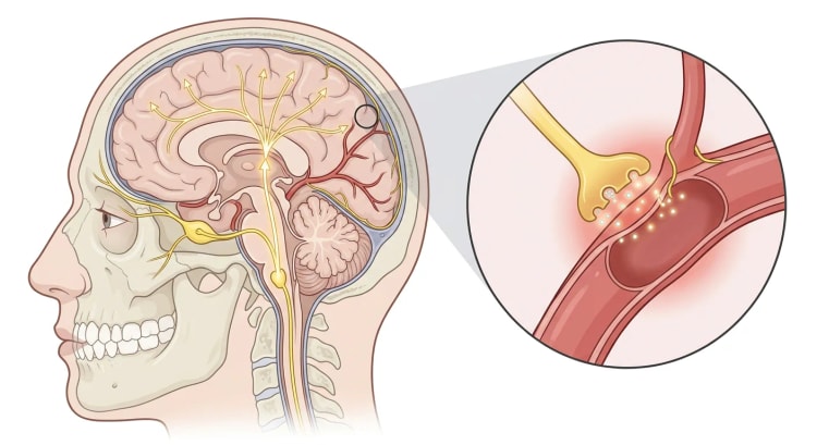 Tête en vue latérale avec le ganglion trigéminal, la voie de la douleur depuis le tronc cérébral et la moelle cervicale haute jusqu'au thalamus et au cortex cérébral, et un agrandissement d'une terminaison nerveuse libérant du CGRP vers un vaisseau dilaté.