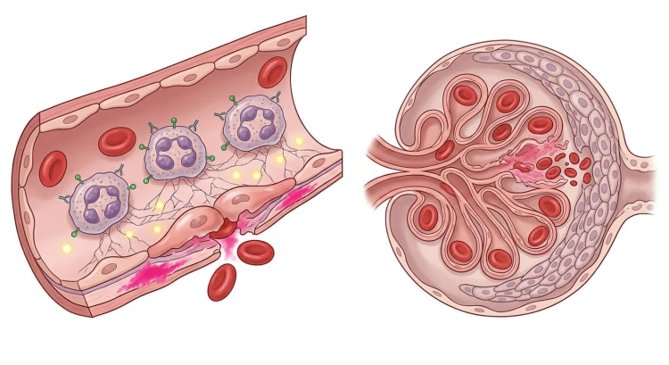 Illustration d'un petit vaisseau sanguin dans lequel des polynucléaires neutrophiles liés aux ANCA lèsent l'endothélium, et à côté un glomérule présentant une nécrose segmentaire et la formation d'un croissant.