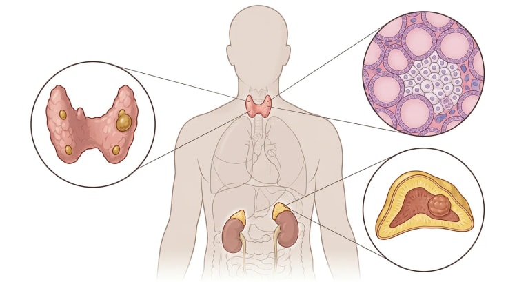 Tronc vu de face avec la thyroïde et les surrénales marquées. Des agrandissements montrent la thyroïde vue de dos avec quatre parathyroïdes, dont une est augmentée de volume, un foyer de cellules C entre les follicules et une surrénale en coupe avec une tumeur de la médullaire.