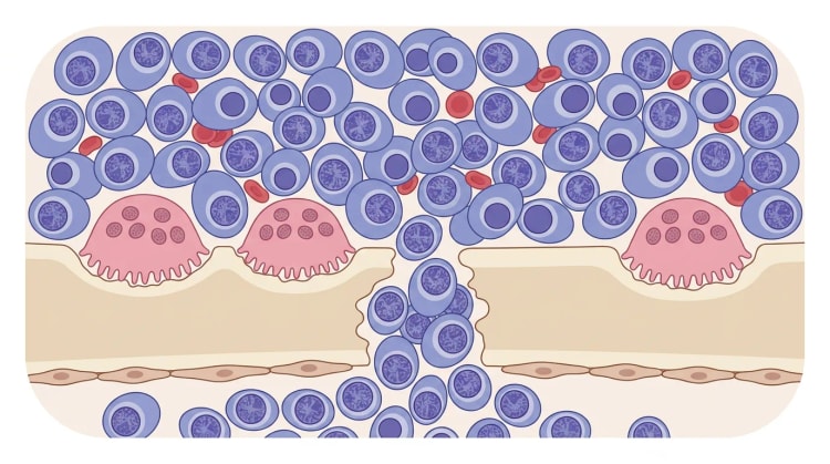 Image tissulaire schématique d'une moelle osseuse envahie de plasmocytes clonaux, avec des ostéoclastes multinucléés érodant une travée osseuse et une lésion lytique transfixiante, et de rares ostéoblastes aplatis à la face inférieure de l'os.