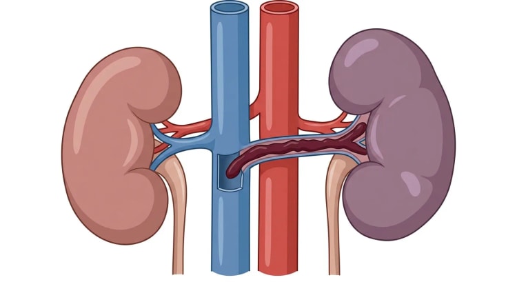 Reins et gros vaisseaux abdominaux vus de face. Un thrombus sombre remplit la veine rénale gauche et fait saillie dans la veine cave inférieure. Le rein gauche est augmenté de volume et bleu violacé.