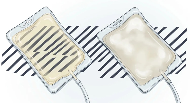 Deux poches de drainage de dialyse péritonéale posées sur un motif rayé. À gauche, un dialysat clair à travers lequel les rayures sont visibles, à droite un dialysat trouble blanc laiteux qui masque les rayures.