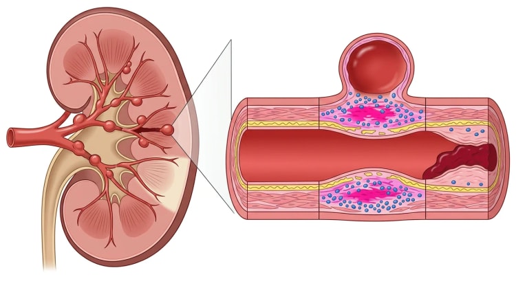 Rein en coupe avec des microanévrismes en chapelet sur les branches artérielles, une branche occluse et un infarctus cunéiforme, ainsi qu'une coupe longitudinale agrandie d'une artère de moyen calibre avec un segment normal, un segment inflammatoire avec anévrisme et un segment thrombosé.