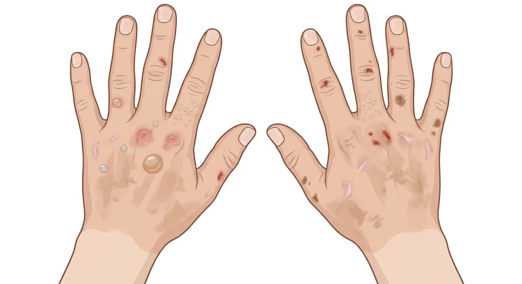 Dos des deux mains avec des bulles, des érosions, des croûtes, des grains de milium, des cicatrices et une hyperpigmentation en plaques dans la porphyrie cutanée tardive.