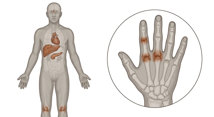 Corps humain transparent vu de face où le foie, le pancréas, le cœur, l'hypophyse et les genoux ont une teinte brun rouille due à la surcharge en fer, et une main agrandie où les articulations métacarpophalangiennes II et III sont marquées.