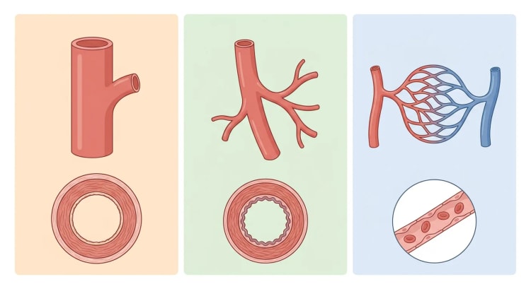 Trois panneaux montrant des vaisseaux de taille décroissante : l'aorte avec une branche collatérale, une artère musculaire de moyen calibre avec ses ramifications et un réseau capillaire entre une artériole et une veinule, chacun accompagné d'une coupe transversale de la paroi vasculaire.