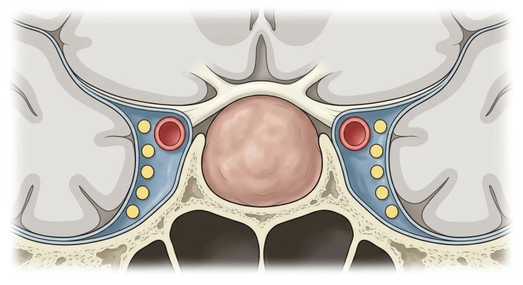Coupe coronale passant par la selle turcique avec un macroprolactinome à extension suprasellaire qui refoule le chiasma optique vers le haut, avec le sinus caverneux de chaque côté.