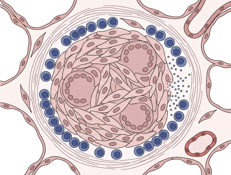 Image schématique en coupe d'un granulome sarcoïdosique dans l'interstitium pulmonaire entouré d'alvéoles : centre dense de macrophages épithélioïdes avec des cellules géantes multinucléées, couronne de lymphocytes et fines lamelles de tissu conjonctif.
