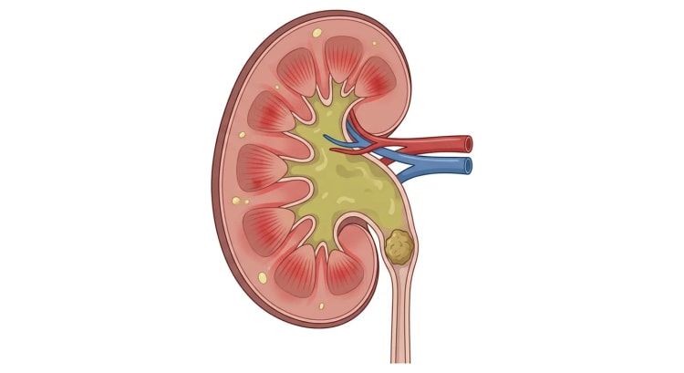Coupe d'un rein avec un calcul dans l'uretère proximal bloquant l'écoulement. Le bassinet et les calices sont dilatés et remplis d'urine trouble purulente, et le parenchyme rénal est inflammatoire avec de petits abcès.
