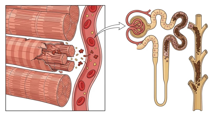 Fibre musculaire striée désintégrée libérant de la myoglobine dans un capillaire, ainsi qu'un néphron avec des cylindres pigmentaires bruns dans les tubules distaux et les tubes collecteurs.