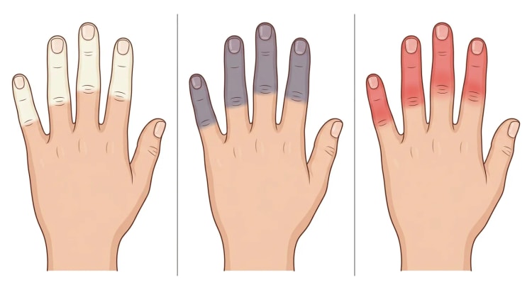 La même main en trois phases avec un changement de couleur nettement délimité, blanc, bleu-violet et rouge, de la partie distale des doigts, tandis que le pouce est épargné.