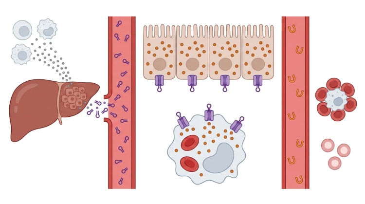Image schématique de l'anémie inflammatoire : des cellules immunitaires stimulent le foie pour qu'il libère de l'hepcidine, qui ferme les canaux d'export du fer dans les entérocytes et les macrophages. La transferrine sanguine est presque vide et la moelle osseuse produit peu d'érythrocytes, pâles.
