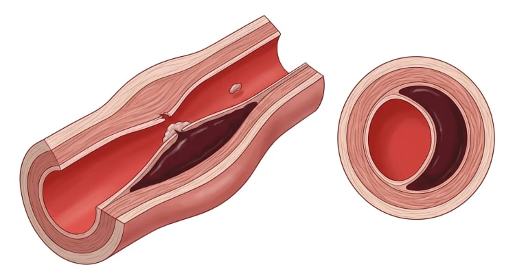Artère en coupe longitudinale et transversale avec une lésion intimale, un hématome intramural dans la paroi vasculaire, une lumière rétrécie, un thrombus au niveau de la lésion intimale et un embole en aval.