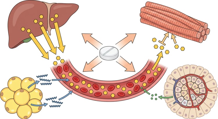 Représentation schématique de l'action d'un comprimé de glucocorticoïde sur le foie, le muscle squelettique, le tissu adipeux et l'îlot de Langerhans, entraînant une élévation de la glycémie.