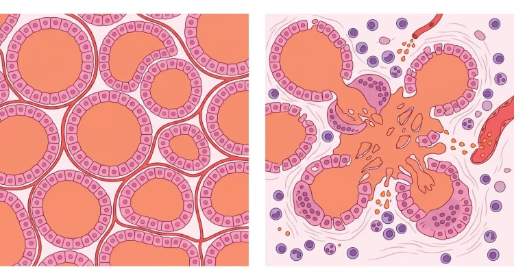 Comparaison histologique schématique entre un tissu thyroïdien normal et un tissu thyroïdien au cours d'une thyroïdite subaiguë granulomateuse.