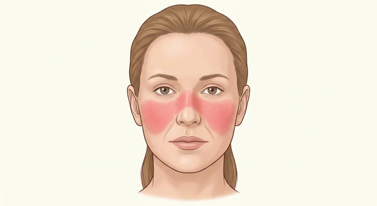 Visage de face avec un exanthème rouge symétrique en ailes de papillon sur les joues et l'arête du nez, respectant les sillons nasogéniens.