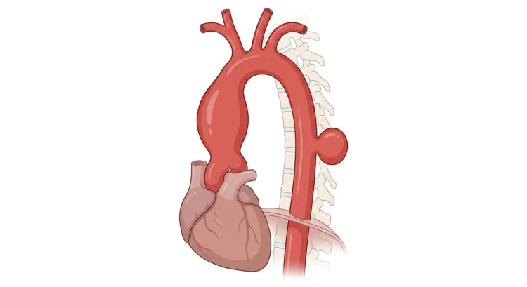 Aorte thoracique vue du côté gauche avec un anévrisme fusiforme de l'aorte ascendante et un anévrisme sacciforme de l'aorte descendante.