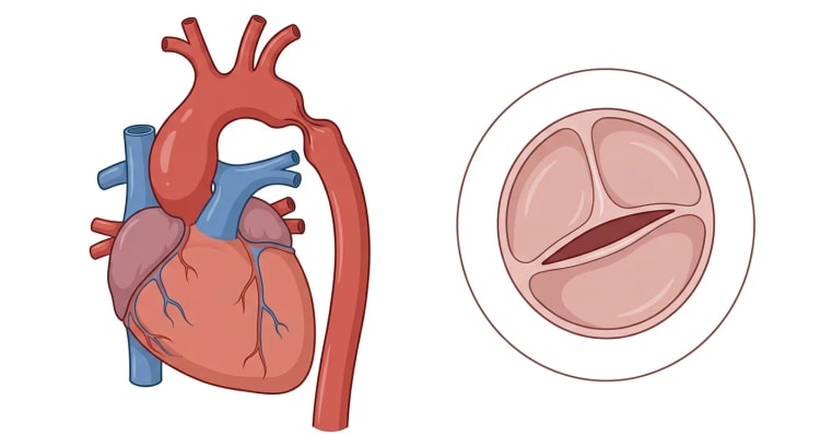 Cœur et aorte thoracique vus de face avec une aorte ascendante dilatée et un rétrécissement de l'aorte descendante juste après l'artère subclavière gauche. À côté, une valve aortique bicuspide vue d'en haut.