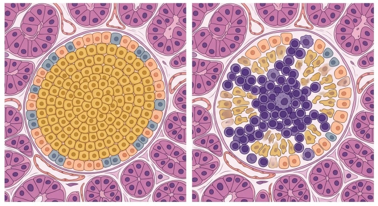 Deux îlots de Langerhans dans du tissu pancréatique exocrine. À gauche un îlot sain avec des cellules bêta densément regroupées et à droite un îlot infiltré par des lymphocytes, avec des cellules bêta lésées.