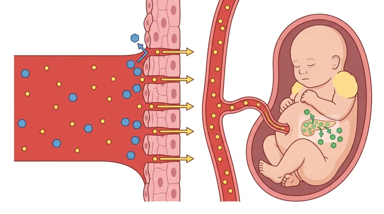 Représentation schématique du sang maternel contenant du glucose et de l'insuline au niveau de la barrière placentaire. Le glucose passe dans la circulation fœtale, tandis que l'insuline reste du côté maternel. Le fœtus est de grande taille et son pancréas libère sa propre insuline.