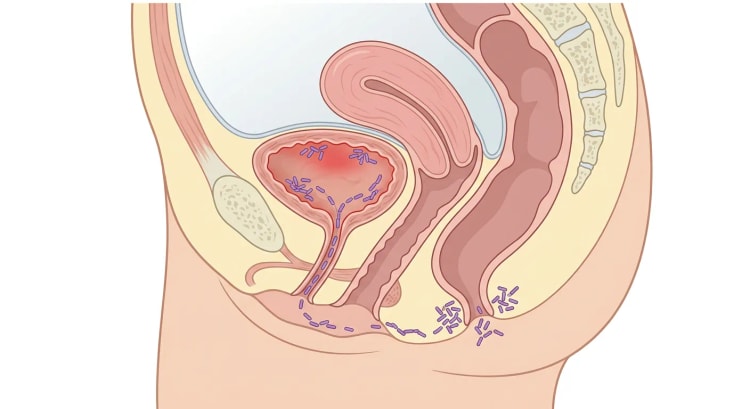 Coupe sagittale d'un bassin féminin avec des bactéries intestinales migrant de l'anus par le périnée jusqu'au méat urétral, puis jusqu'à une vessie inflammatoire.