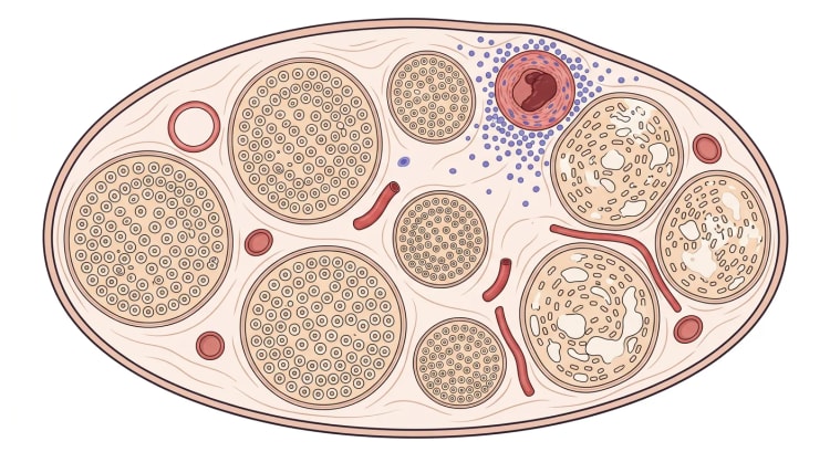 Coupe transversale d'un nerf périphérique avec une artère épineurale inflammatoire et thrombosée et des fascicules nerveux adjacents lésés par l'ischémie, tandis que les fascicules du côté opposé sont sains.