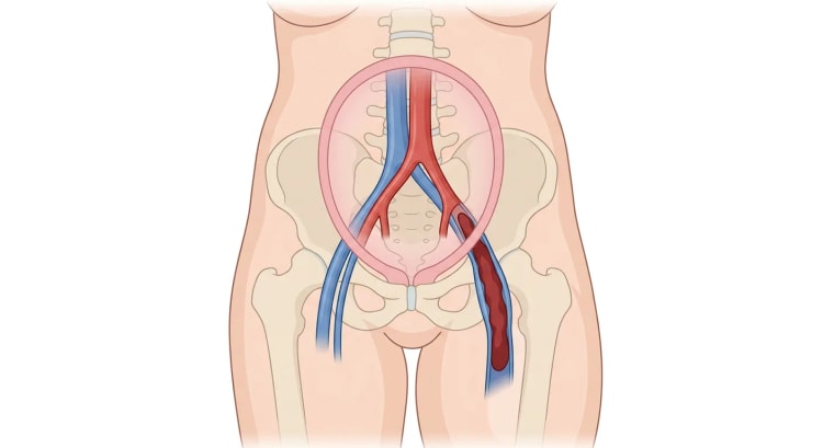 Utérus gravide vu de face, situé au-dessus de la veine cave inférieure, de l'aorte et des vaisseaux pelviens, avec un long thrombus dans la v. iliaque externe gauche et la v. fémorale.