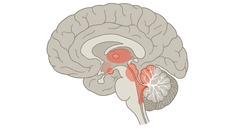 Coupe médiane du cerveau où le thalamus médial, les corps mamillaires, la région périaqueducale, le plancher du quatrième ventricule et le vermis cérébelleux sont marqués en rouge.