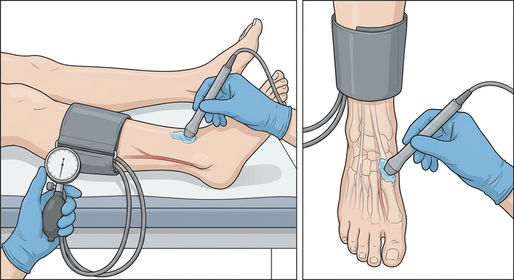 Deux vues du même pied, avec un brassard à tension placé au-dessus des malléoles et une sonde Doppler tenue obliquement contre la peau, en arrière de la malléole médiale puis sur le dos du pied