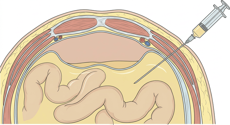 Coupe transversale de la paroi abdominale inférieure avec les muscles droits au centre, les vaisseaux épigastriques le long de leurs bords latéraux, et une aiguille de ponction introduite en dehors de la gaine des droits à travers les muscles plats de la paroi jusque dans le liquide d'ascite