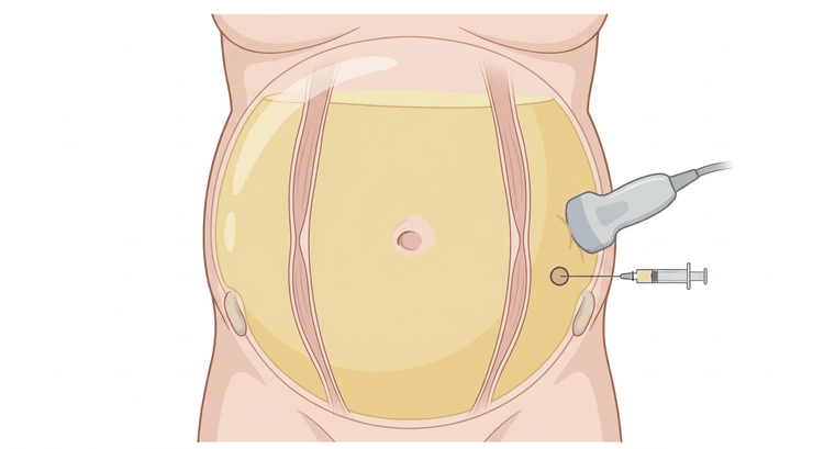 Abdomen distendu vu de face avec l'ombilic, les bords latéraux des muscles droits et les épines iliaques visibles, et un point de ponction repéré dans le quadrant inférieur gauche où sont appliquées la sonde d'échographie et l'aiguille
