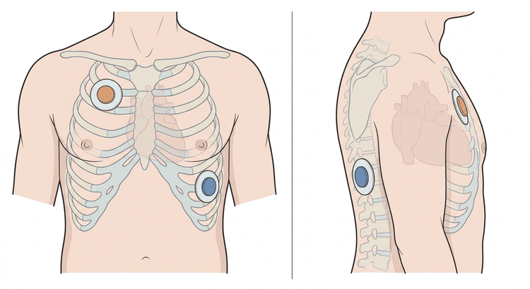 Deux panneaux : thorax de face avec une électrode sous la clavicule droite et une autre au niveau de l'apex sur la ligne axillaire gauche, et thorax de profil avec une électrode antérieure sur le précordium et une autre dans le dos entre l'omoplate et le rachis