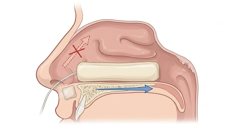 Coupe sagittale du nez avec une mèche posée horizontalement le long du plancher nasal, de la narine vers l'arrière, le fil de traction fixé sur la joue, et une flèche pointillée barrée montrant la direction erronée oblique vers le haut