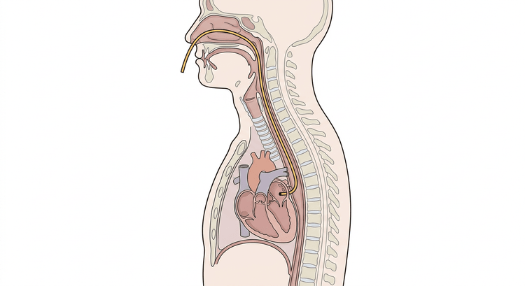 Coupe sagittale du cou et du thorax où une électrode passe de la narine à travers le pharynx jusque dans l'œsophage et se termine derrière le cœur, à hauteur de l'oreillette gauche